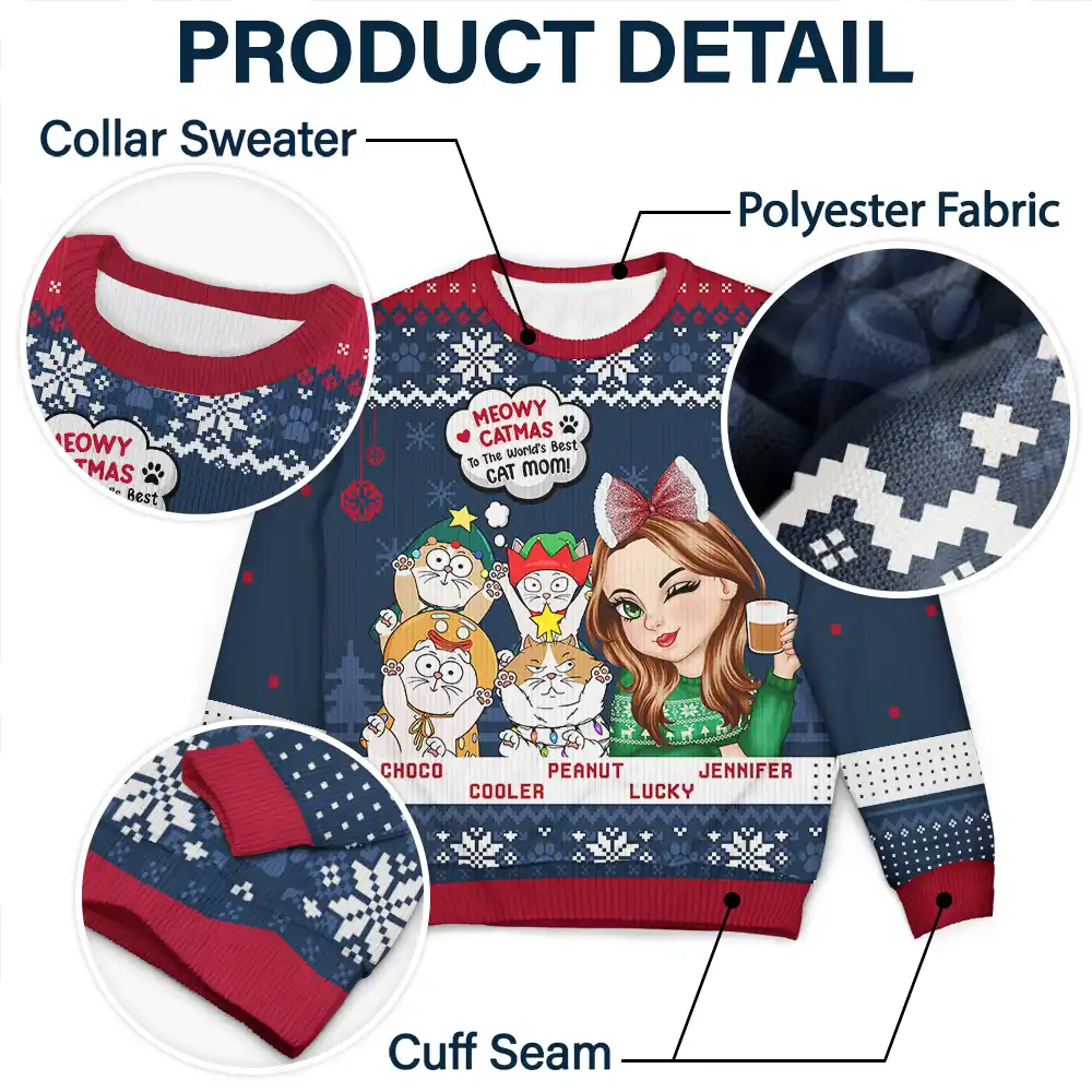 Meowy Catmas To The World's Best Cat Mom - Personalized Unisex Ugly Sweater - Image 6