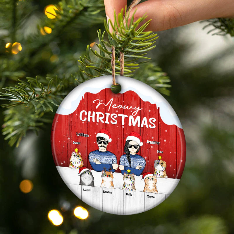 Meowy Christmas Cat Couple - Christmas Gift For Couples - Personalized Custom Circle Ceramic Ornament - Image 2