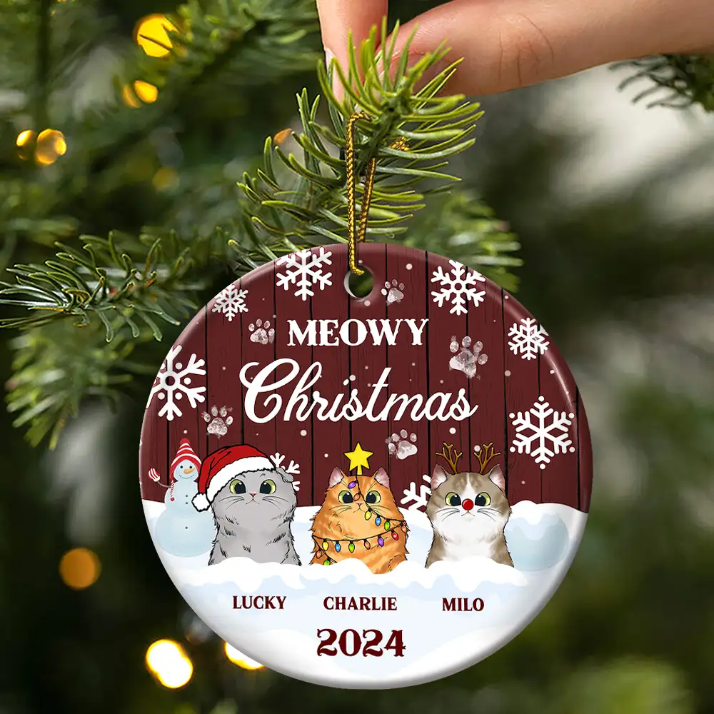 Meowy Christmas - Christmas Gift For Cat Lovers - Personalized Custom Circle Ceramic Ornament - Image 3