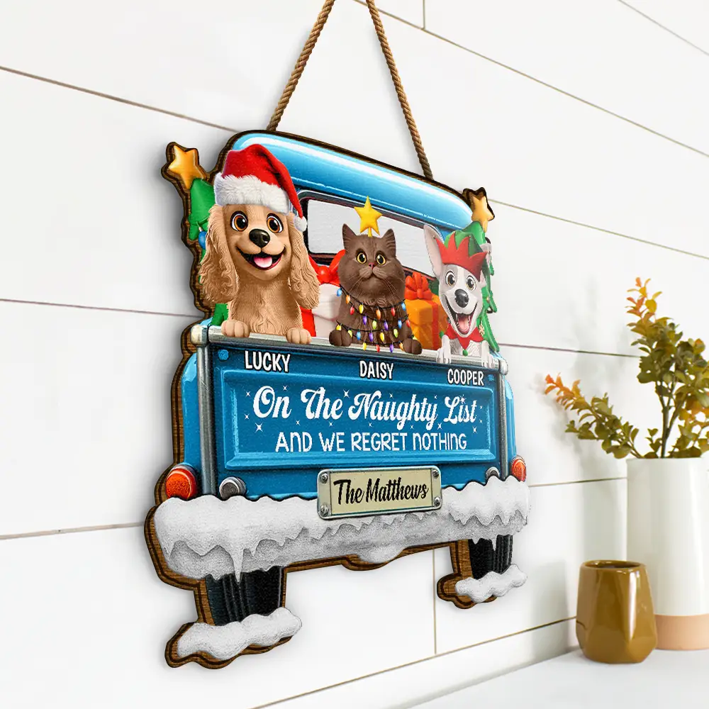 Meowy Christmas Christmas Red Truck - Personalized Custom Shaped Wood Sign - Image 2