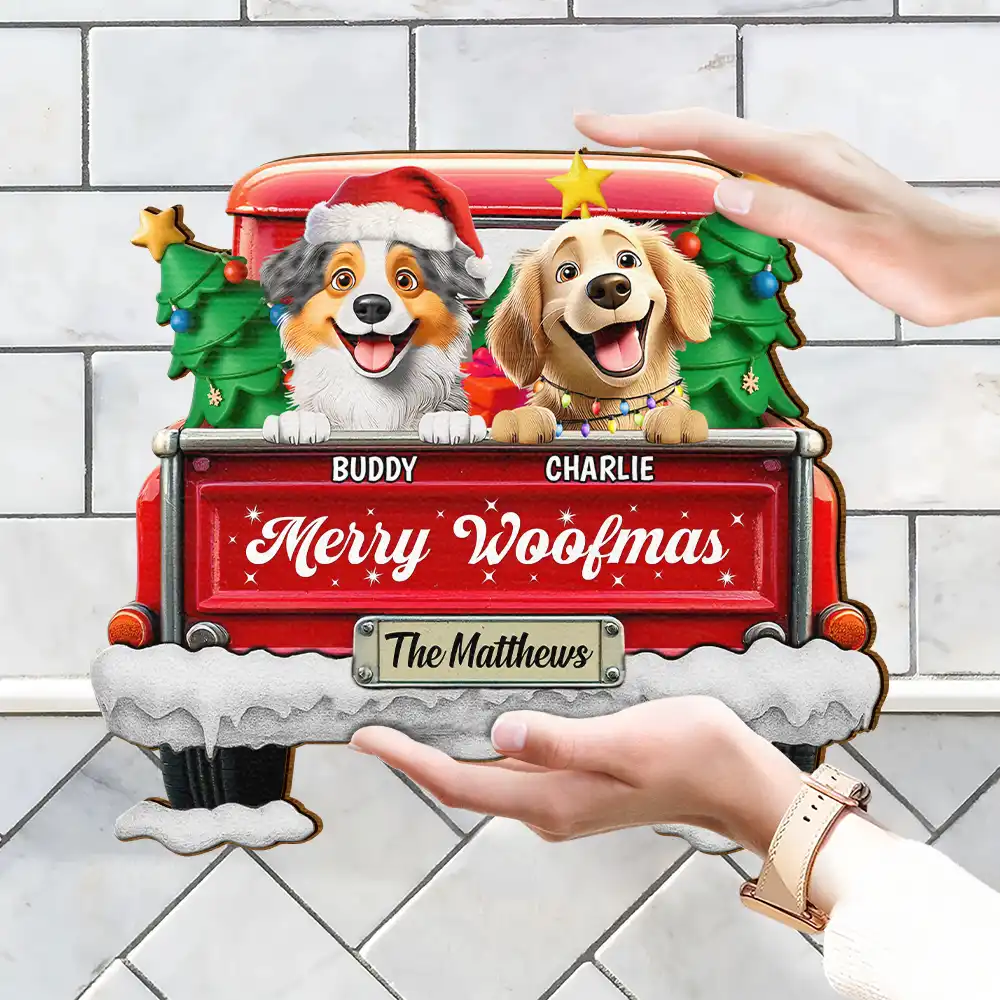 Meowy Christmas Christmas Red Truck - Personalized Custom Shaped Wood Sign - Image 4