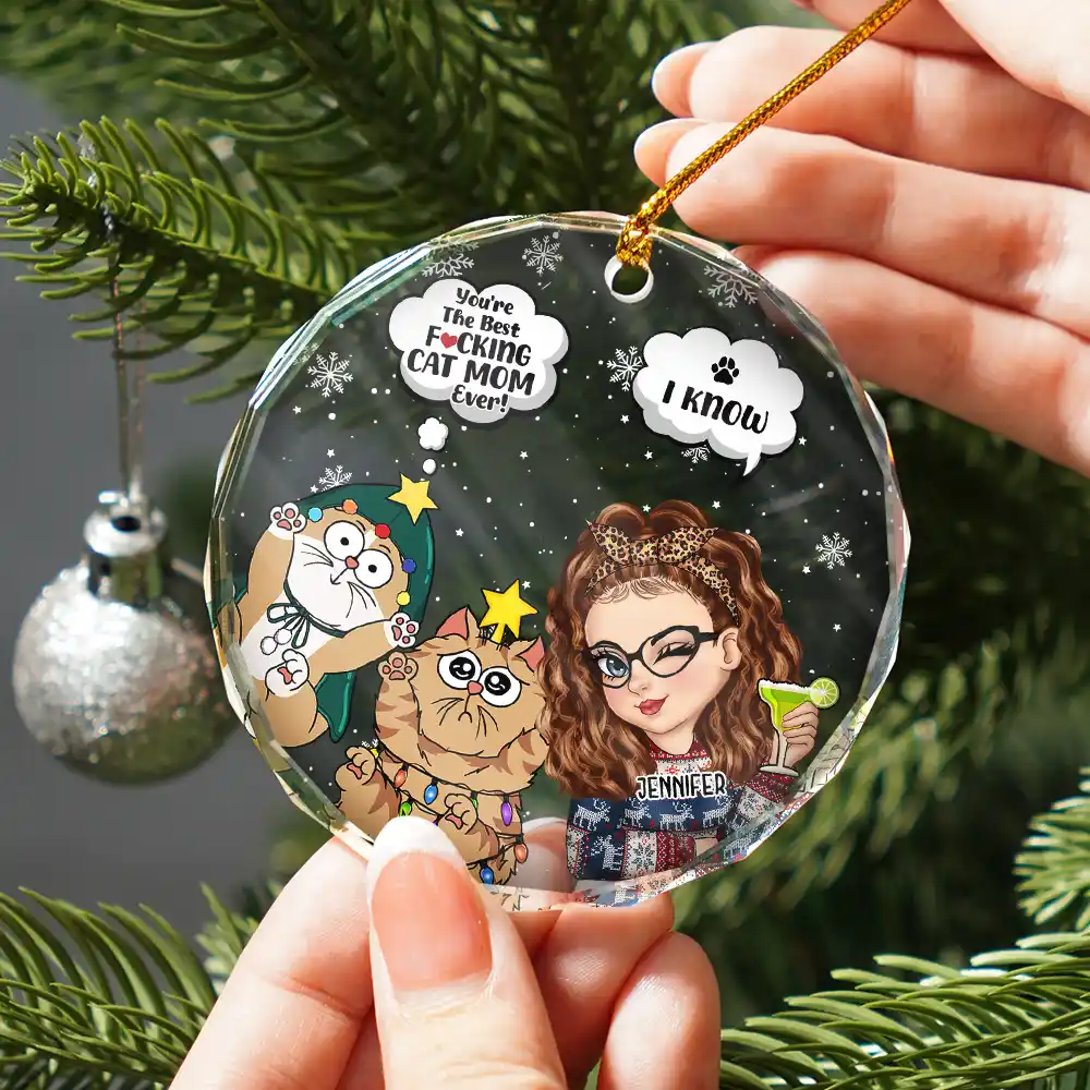 Meowy Christmas You're The Best Cat Mom Ever - Personalized Circle Glass Ornament - Image 2