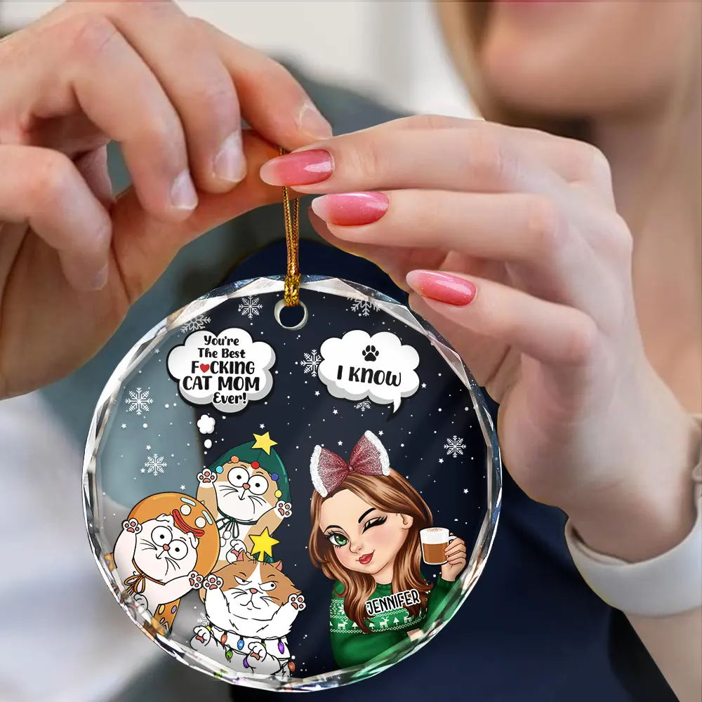 Meowy Christmas You're The Best Cat Mom Ever - Personalized Circle Glass Ornament - Image 4