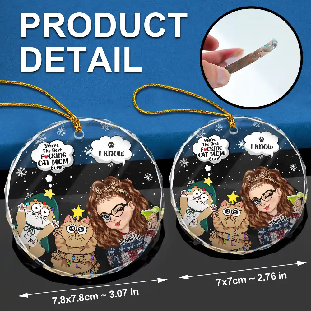 Meowy Christmas You're The Best Cat Mom Ever - Personalized Circle Glass Ornament - Image 6