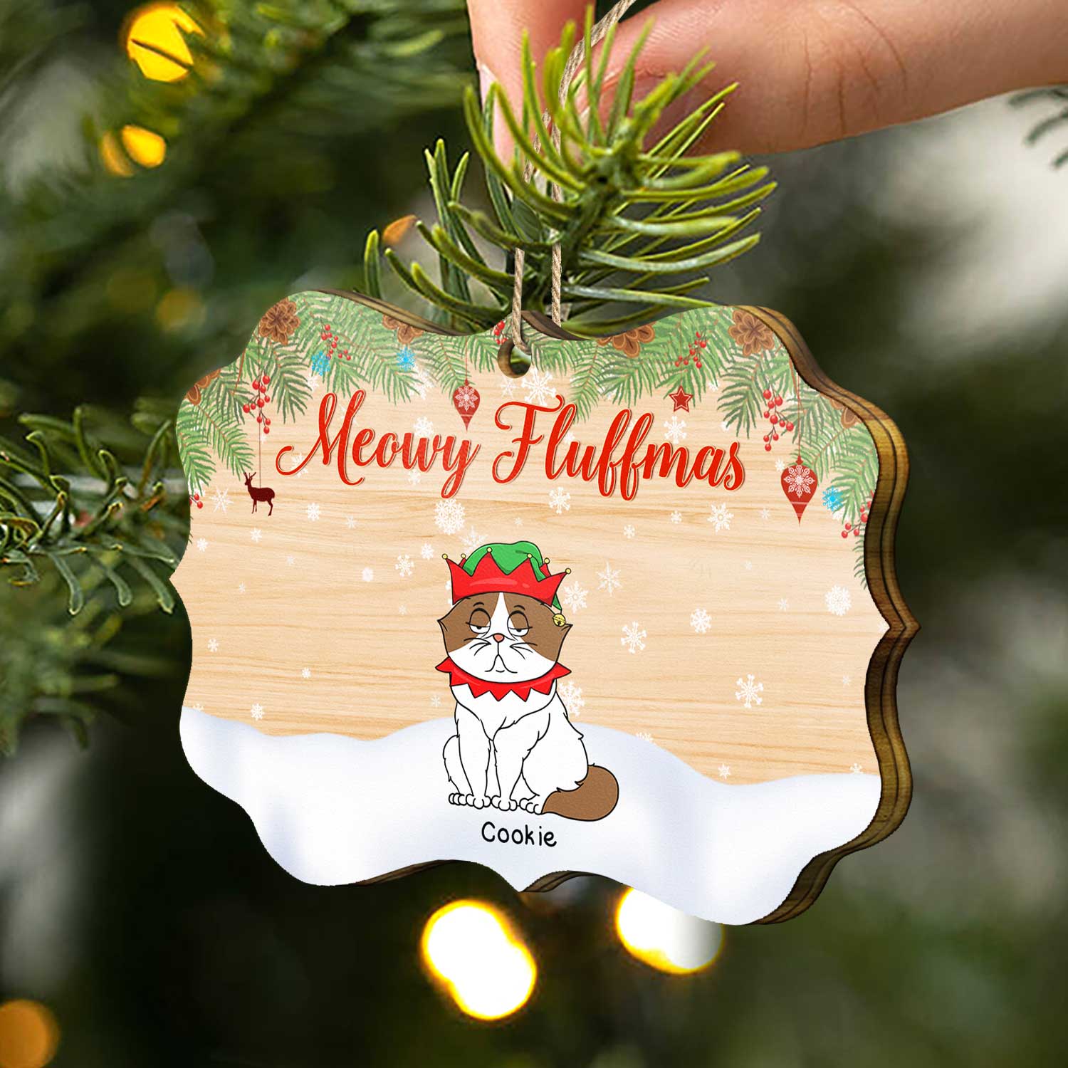 Meowy Fluffmas Funny Cartoon Cats - Christmas Gift For Cat Lovers - Personalized Medallion Wooden Ornament - Image 2