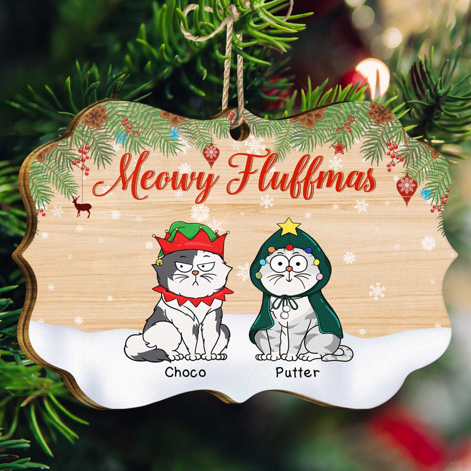 Meowy Fluffmas Funny Cartoon Cats - Christmas Gift For Cat Lovers - Personalized Medallion Wooden Ornament - Image 3