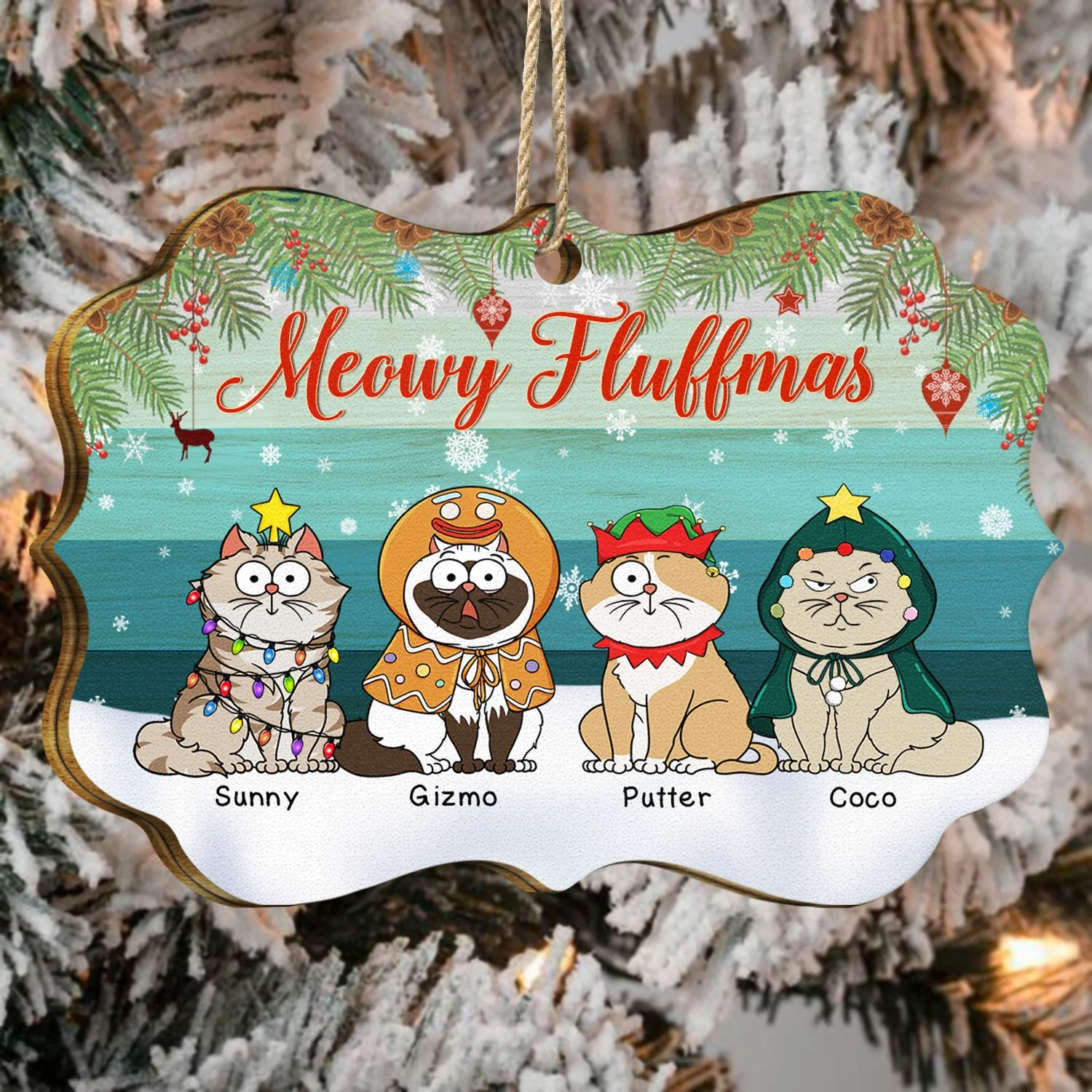 Meowy Fluffmas Funny Cartoon Cats - Christmas Gift For Cat Lovers - Personalized Medallion Wooden Ornament - Image 4