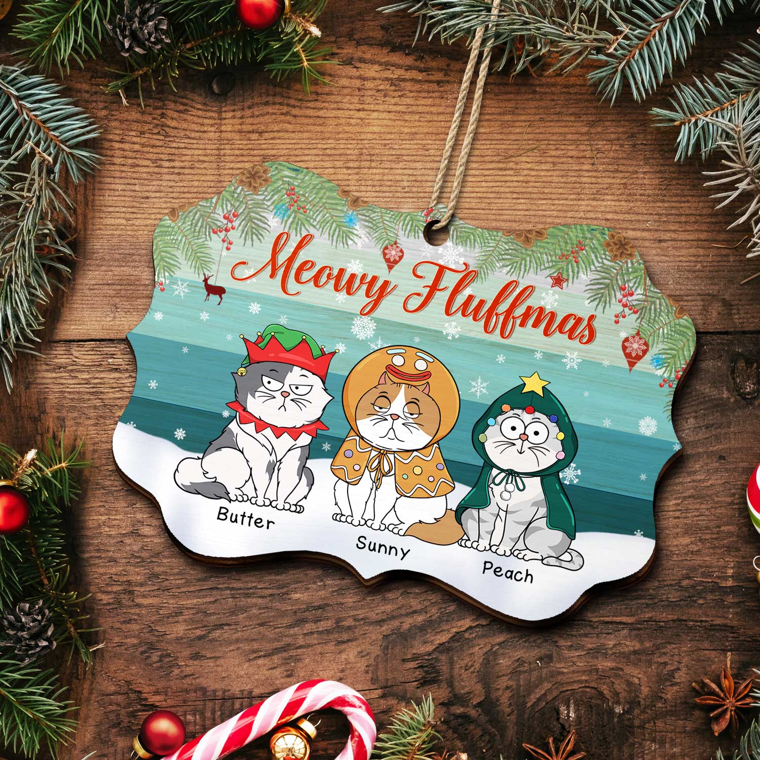 Meowy Fluffmas Funny Cartoon Cats - Christmas Gift For Cat Lovers - Personalized Medallion Wooden Ornament - Image 5