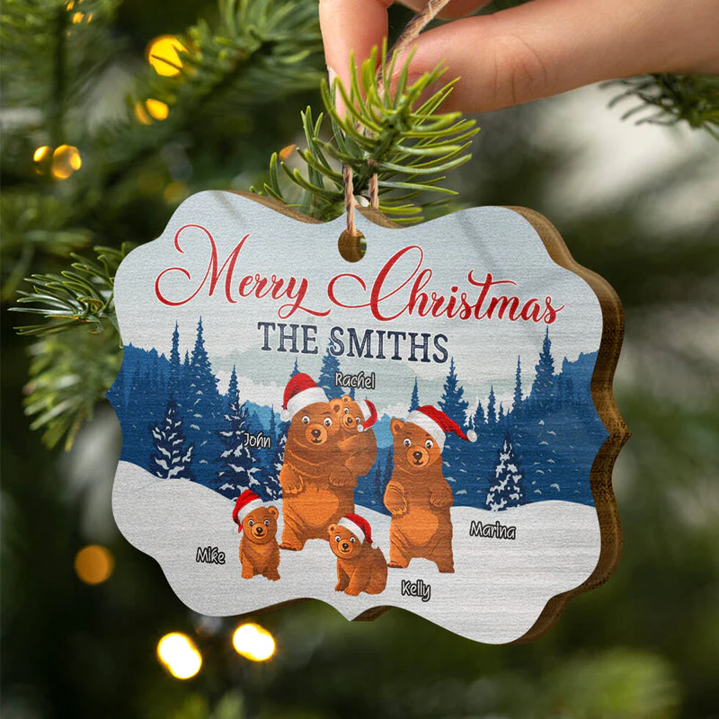 Merry Christmas Bear Family - Christmas Gift - Personalized Custom Wooden Ornament, Aluminum Ornament - Image 3