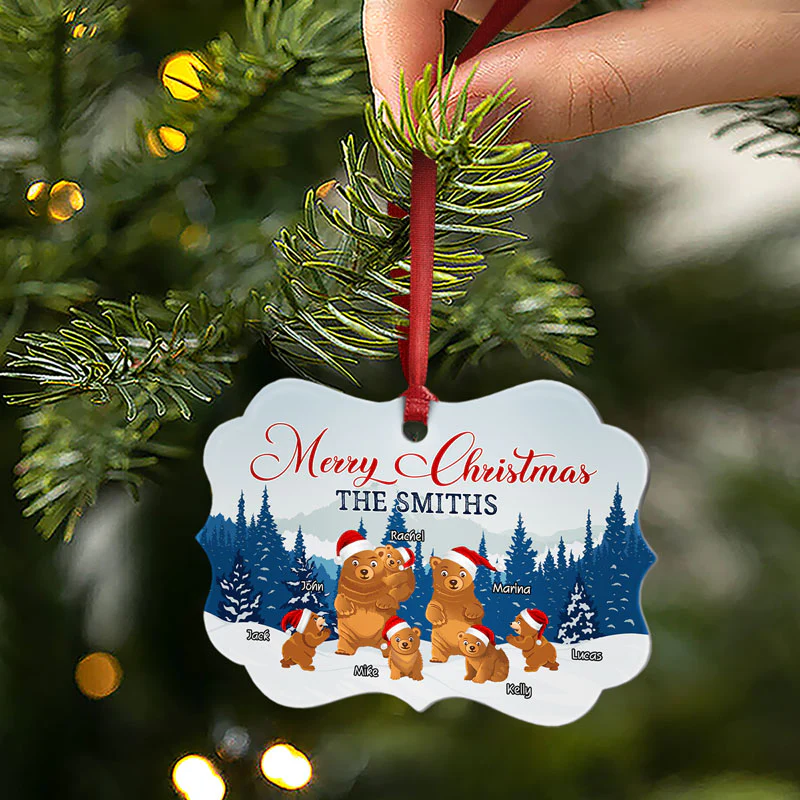 Merry Christmas Bear Family - Christmas Gift - Personalized Custom Wooden Ornament, Aluminum Ornament - Image 5