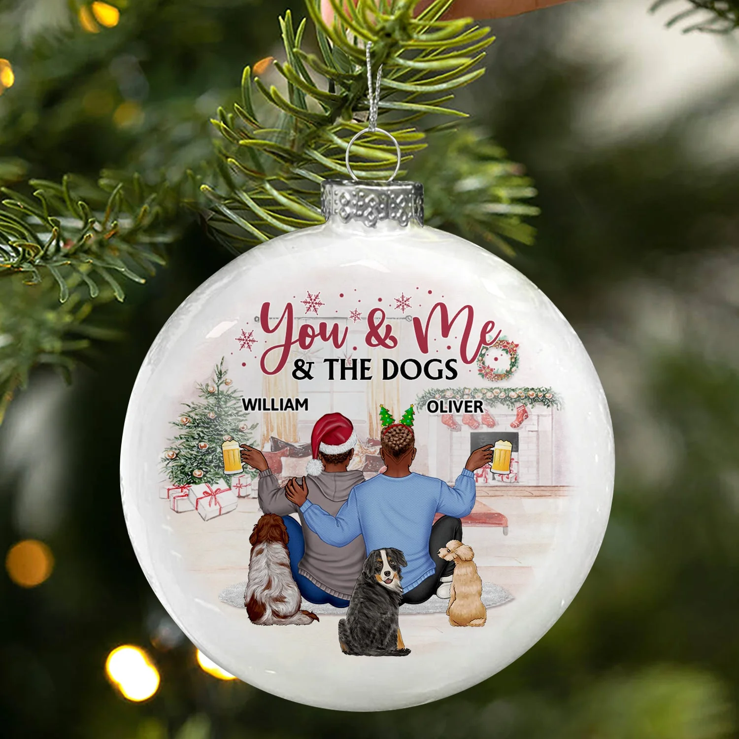 Merry Christmas - Christmas Gift For Couples, Dog Lovers, Cat Lovers - Personalized White Flat Ball Ornament - Image 3