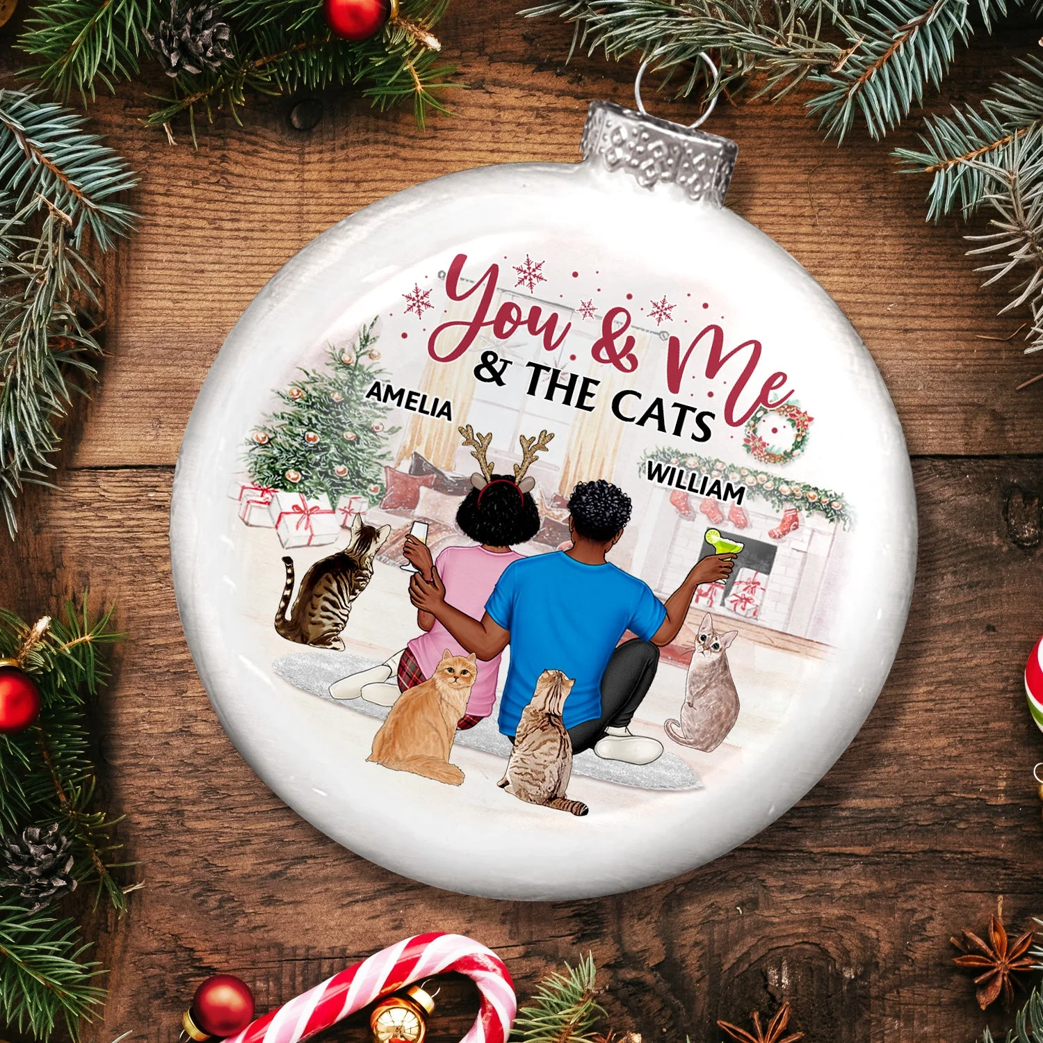 Merry Christmas - Christmas Gift For Couples, Dog Lovers, Cat Lovers - Personalized White Flat Ball Ornament - Image 4