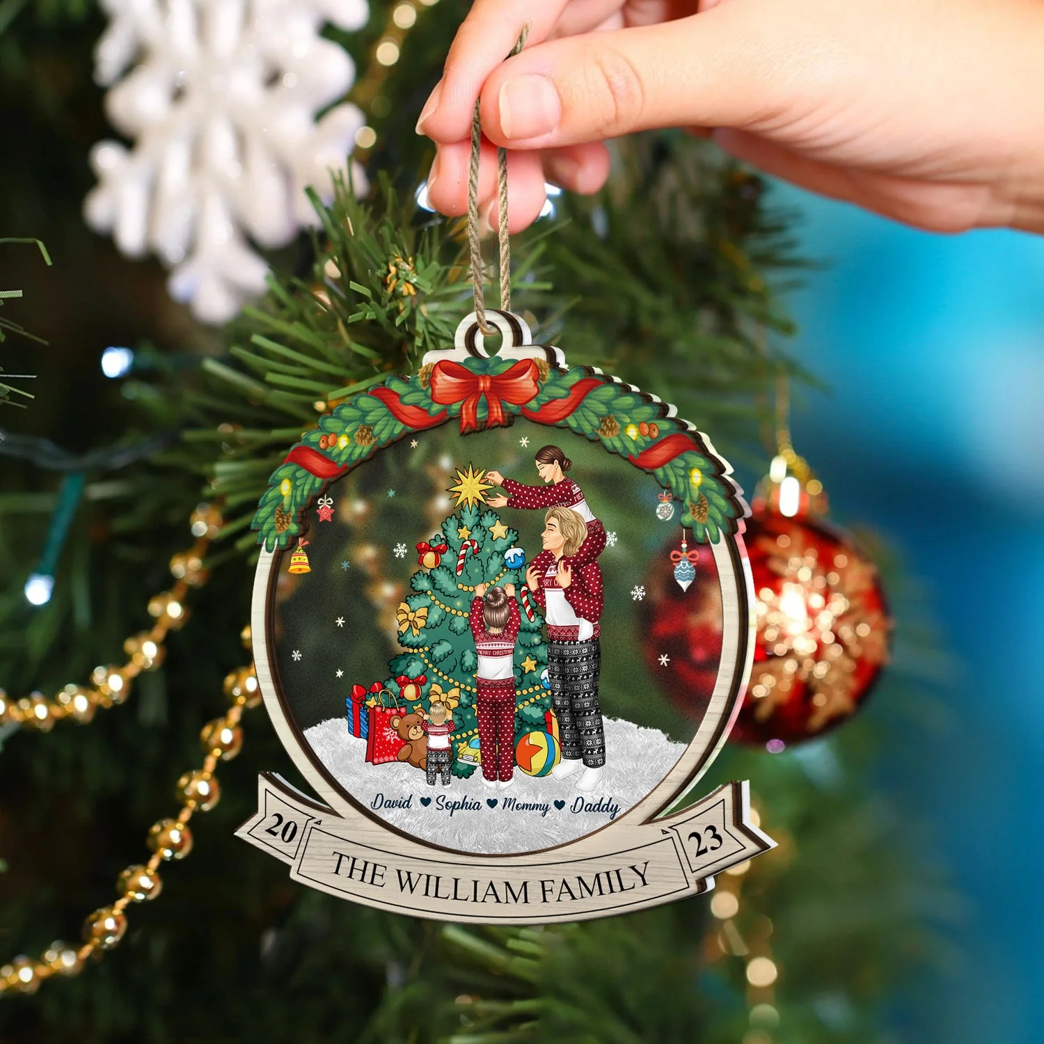 Merry Christmas Family Decor Home - Gift For Parents, Couples, Pet Lovers - Personalized 2-Layered Mix Ornament - Image 4