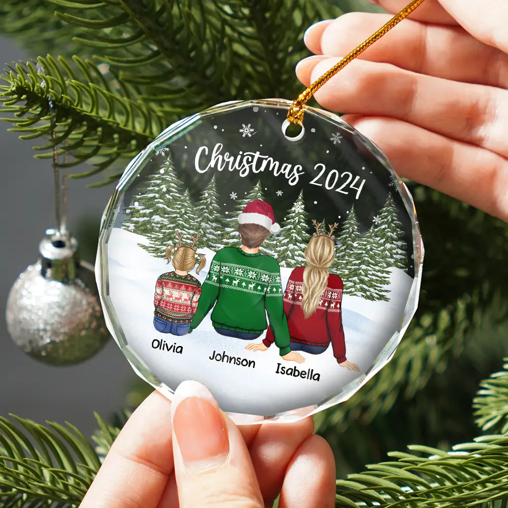 Merry Christmas Family Name Backside - Personalized Circle Glass Ornament - Image 2