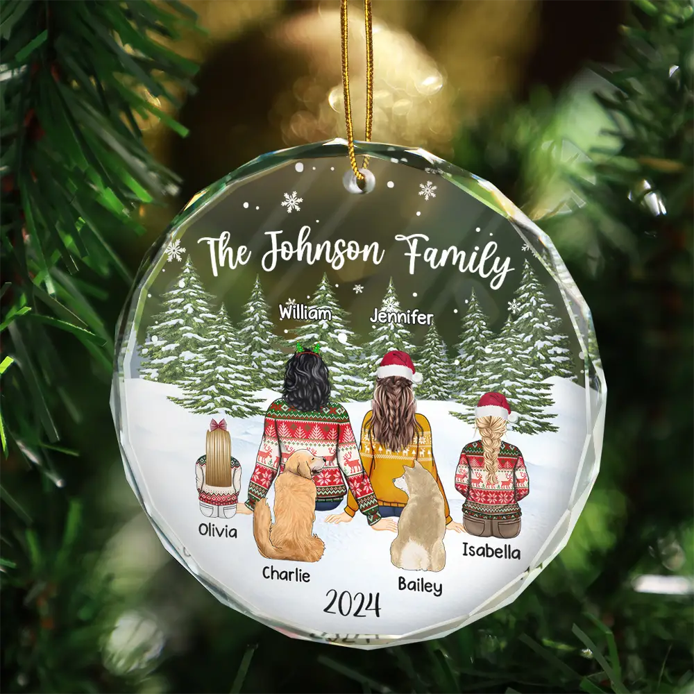 Merry Christmas Family Name Backside - Personalized Circle Glass Ornament - Image 3
