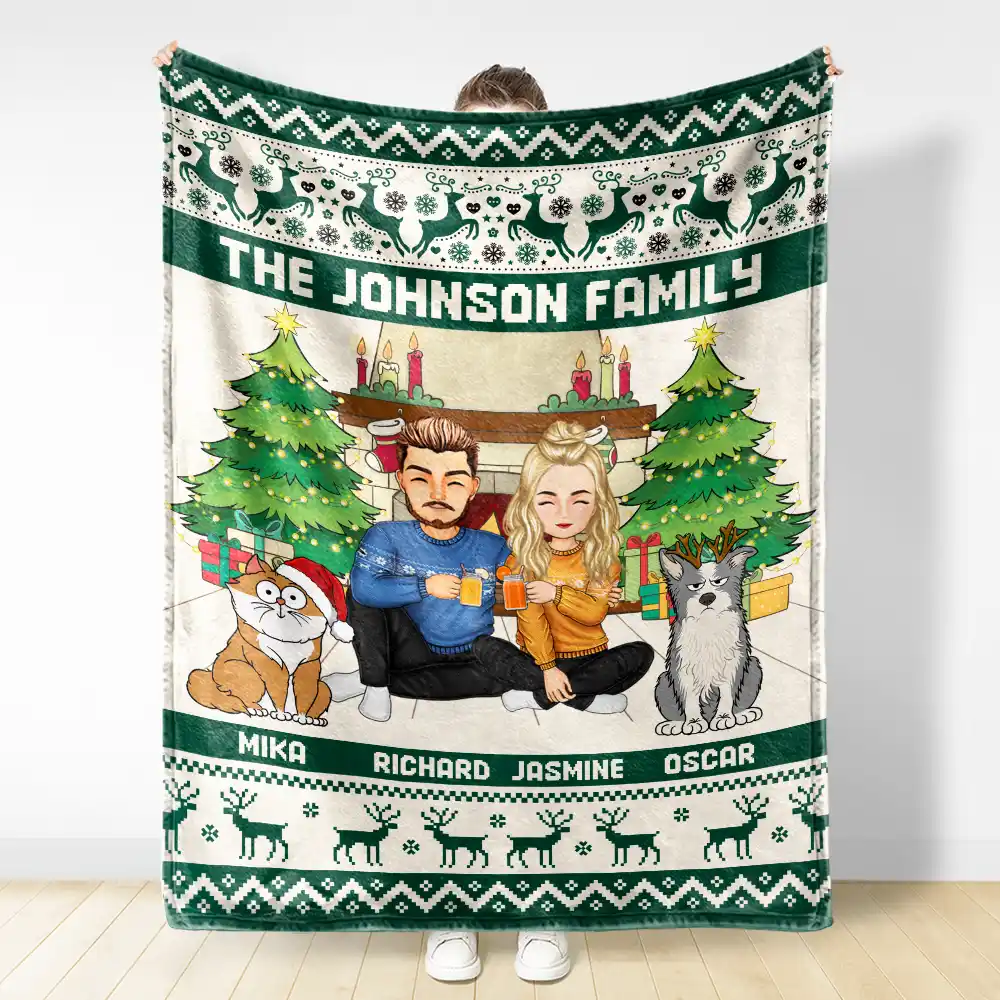 Merry Christmas Family With Pets - Personalized Fleece Blanket, Sherpa Blanket - Image 3