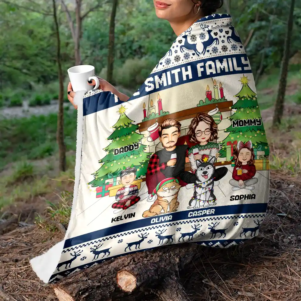 Merry Christmas Family With Pets - Personalized Fleece Blanket, Sherpa Blanket - Image 5