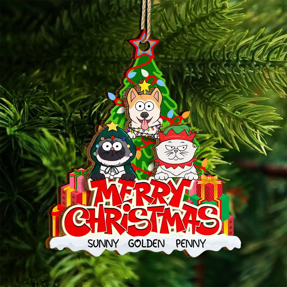Merry Christmas Funny Cartoon Dog Cat - Personalized 2-Layered Wooden Ornament - Image 4