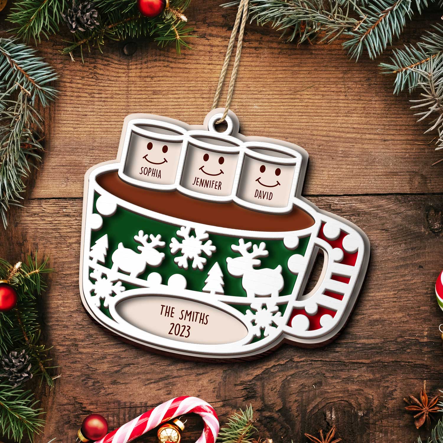 Merry Christmas Hot Chocolate Marshmallows - Christmas Gift For Family, Pet Lovers - Personalized 2-Layered Wooden Ornament - Image 4