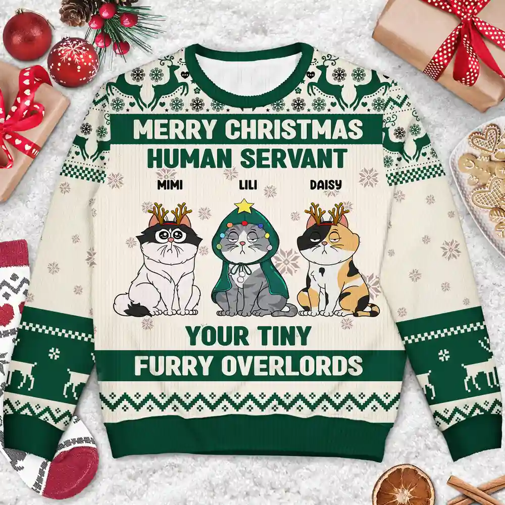 Merry Christmas Human Servant Your Tiny Furry Overlords - Personalized Unisex Ugly Sweater - Image 3