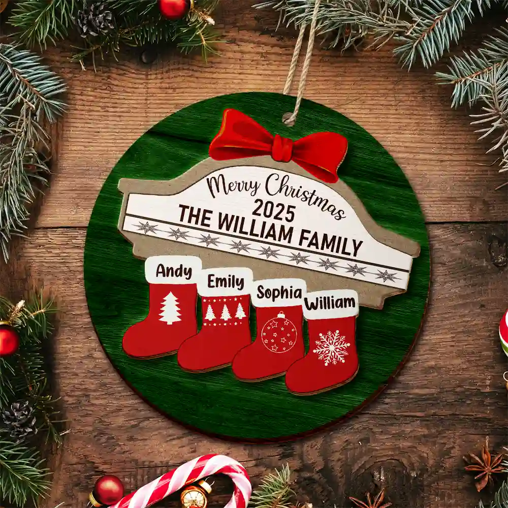 Merry Christmas Stocking Family - Christmas Gift For Family - Personalized 2-Layered Wooden Ornament - Image 5
