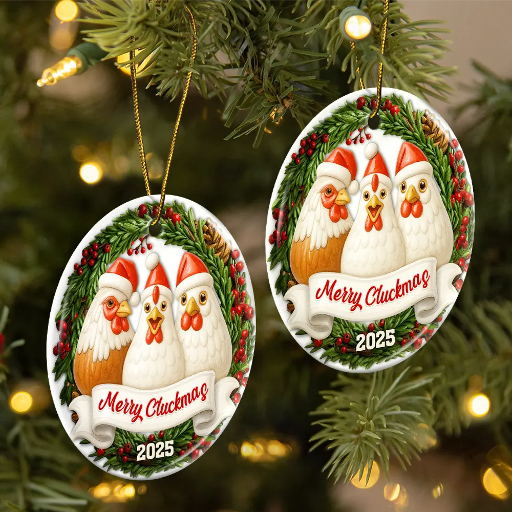 Merry Cluckin' Christmas 3D Effect - Personalized Circle Ceramic Ornament - Image 2