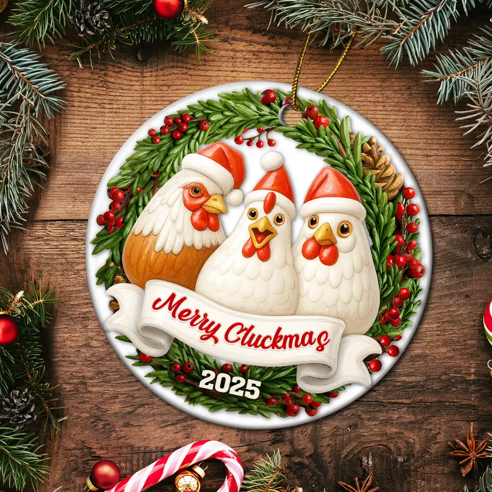 Merry Cluckin' Christmas 3D Effect - Personalized Circle Ceramic Ornament - Image 5