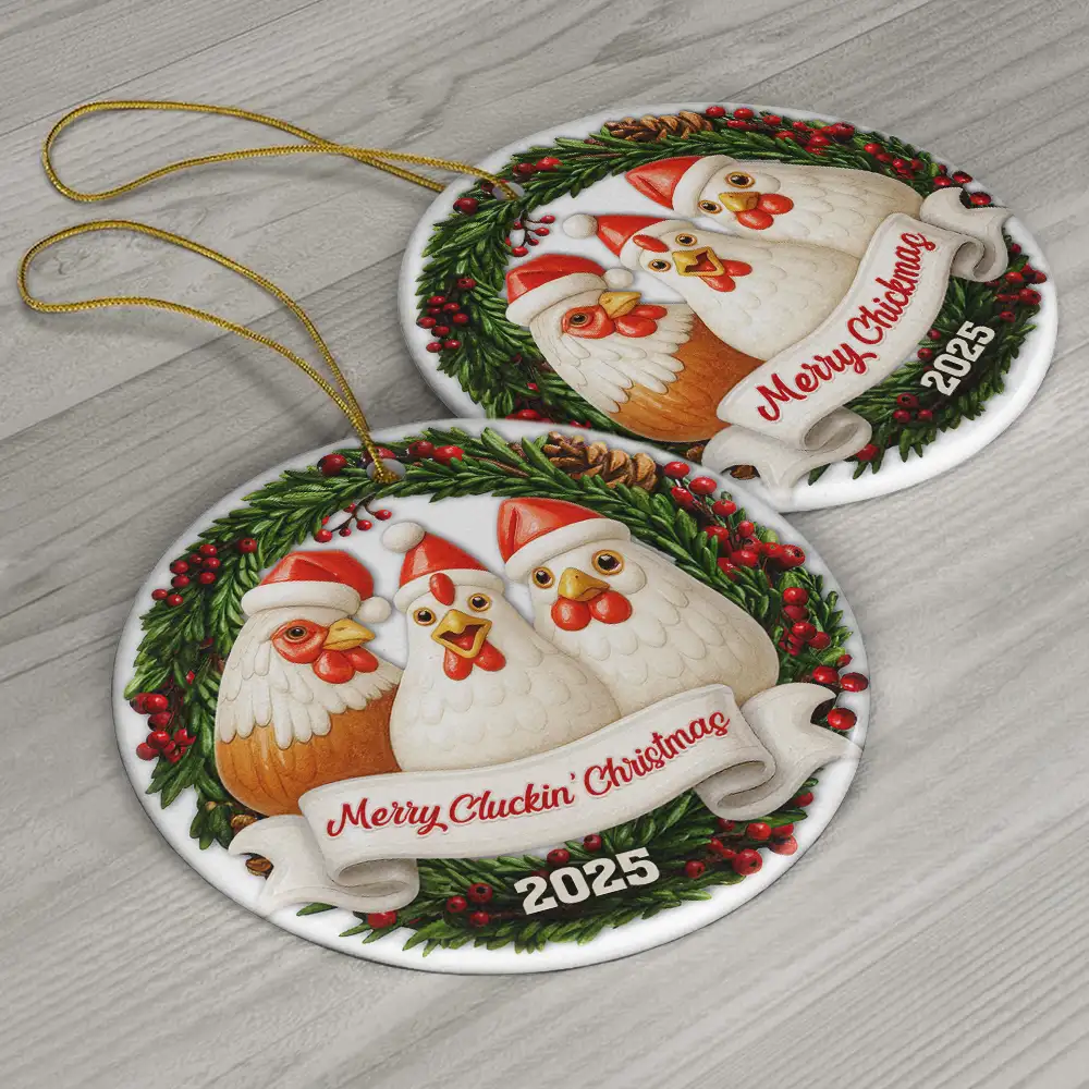 Merry Cluckin' Christmas 3D Effect - Personalized Circle Ceramic Ornament - Image 6