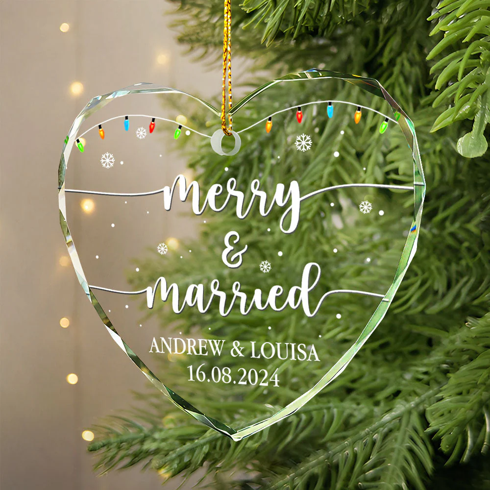 Merry & Married Christmas - Personalized Heart Shaped Glass Ornament - Image 2