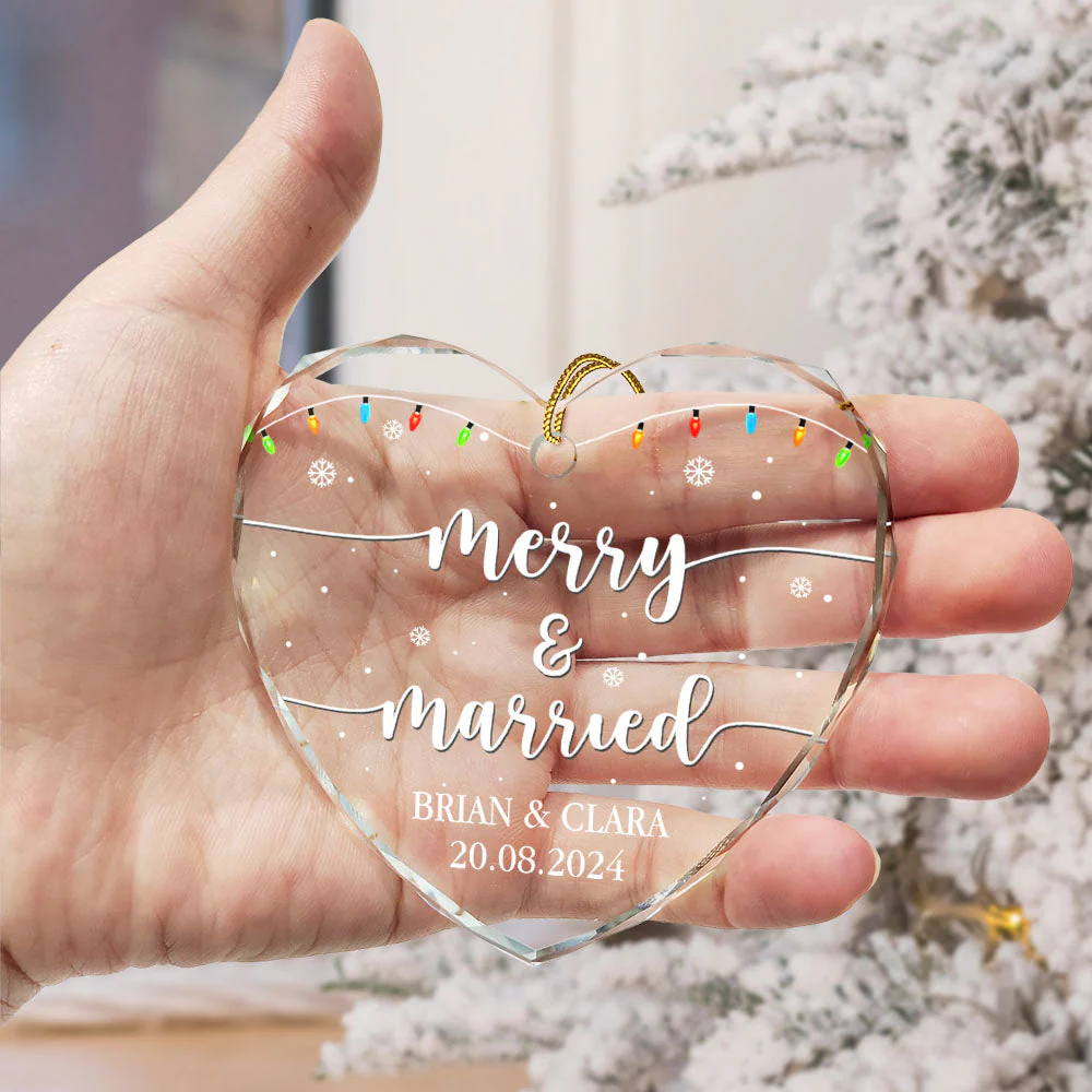 Merry & Married Christmas - Personalized Heart Shaped Glass Ornament - Image 3