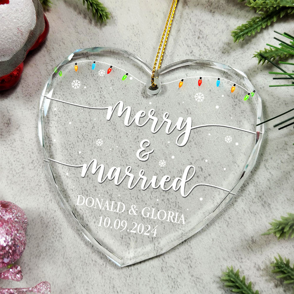 Merry & Married Christmas - Personalized Heart Shaped Glass Ornament - Image 4