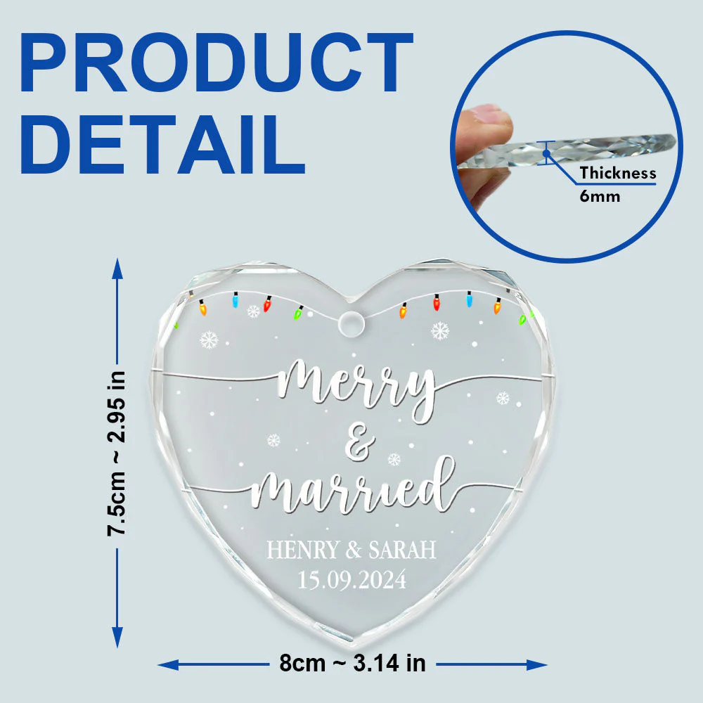 Merry & Married Christmas - Personalized Heart Shaped Glass Ornament - Image 5