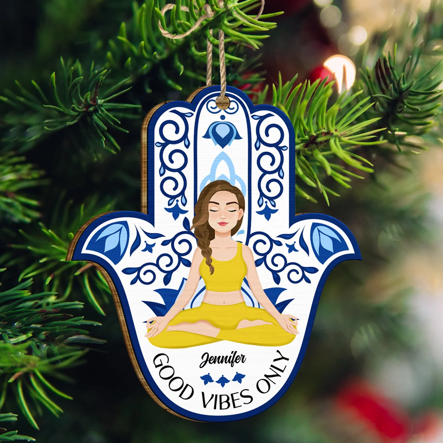 Merry Vibes Only - Christmas Gift For Yoga Lovers - Personalized Custom Shaped Wooden Ornament - Image 3