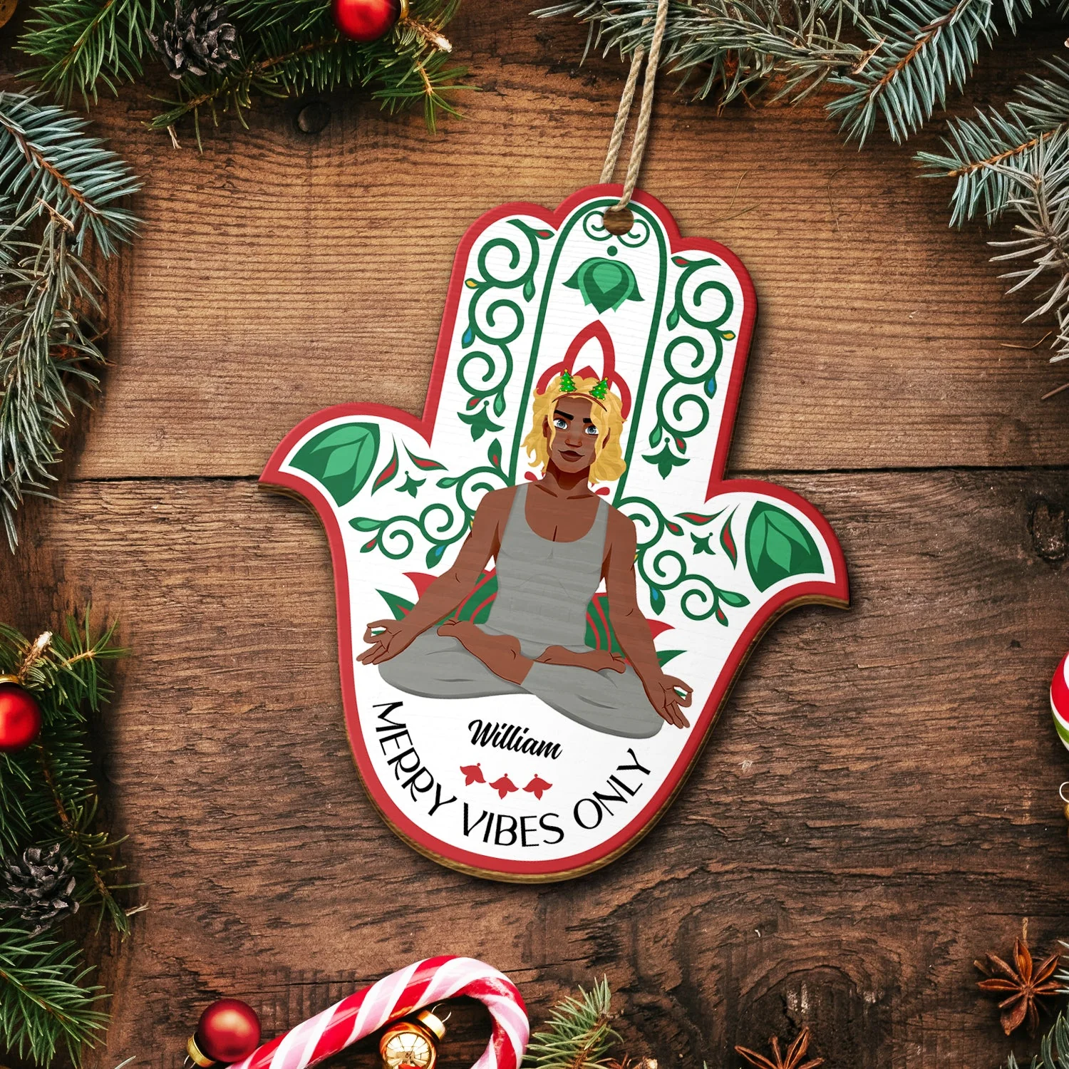 Merry Vibes Only - Christmas Gift For Yoga Lovers - Personalized Custom Shaped Wooden Ornament - Image 5