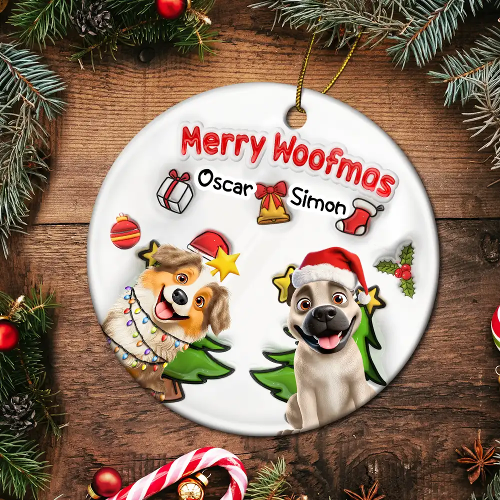 Merry Woofmas Christmas Dog - 3D Inflated Effect Printed Ornament, Personalized Circle Ceramic Ornament - Image 5