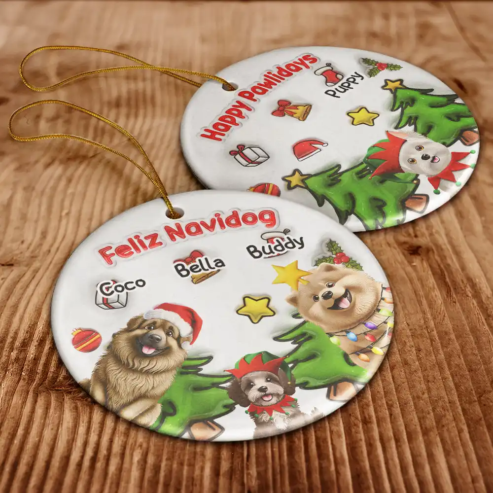 Merry Woofmas Christmas Dog - 3D Inflated Effect Printed Ornament, Personalized Circle Ceramic Ornament - Image 6