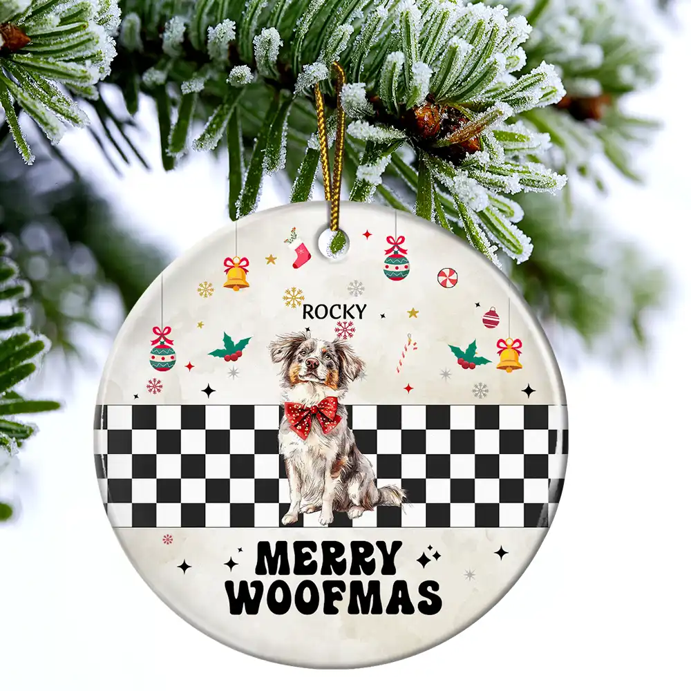 Merry Woofmas Vintage Dog - Personalized Circle Ceramic Ornament - Image 4