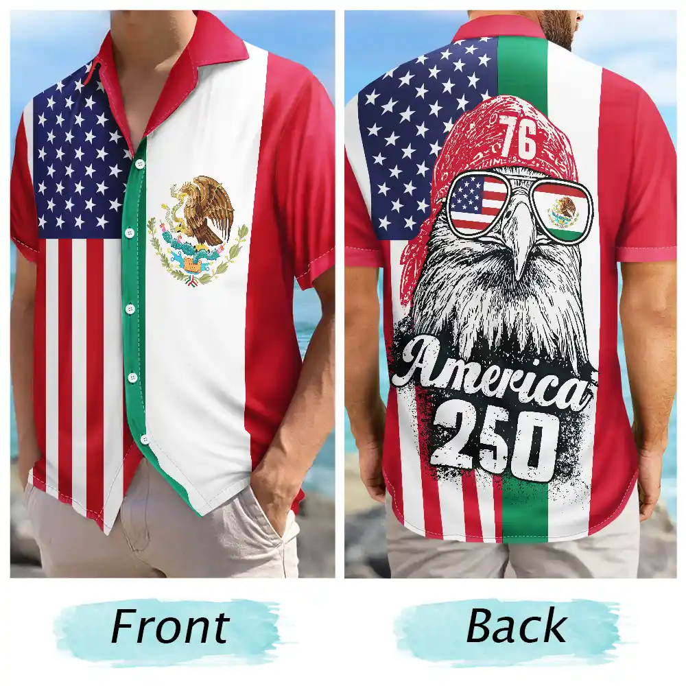 Mexican American Flag 1776 Eagle America 250th - Hawaiian Shirt - Image 5