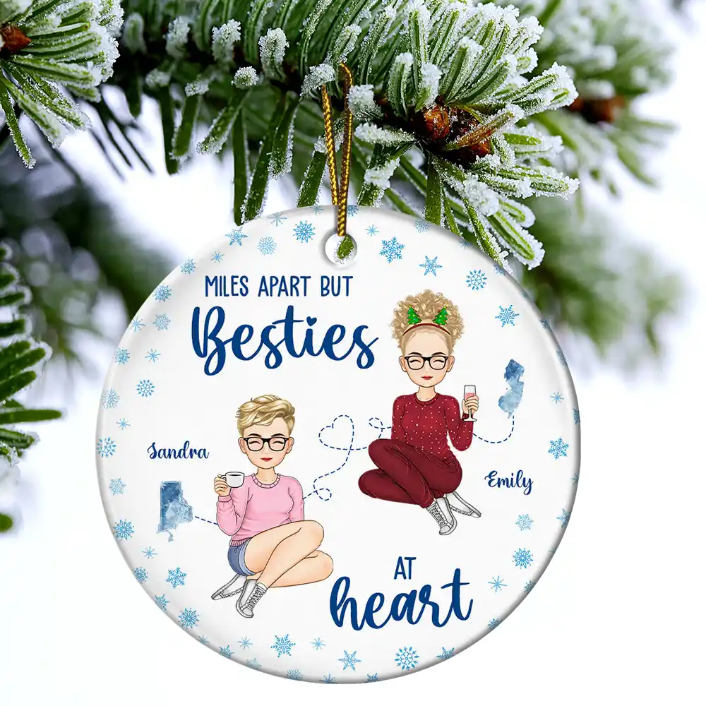 Miles Apart But Besties At Heart Long Distance - Personalized Circle Ceramic Ornament - Image 4