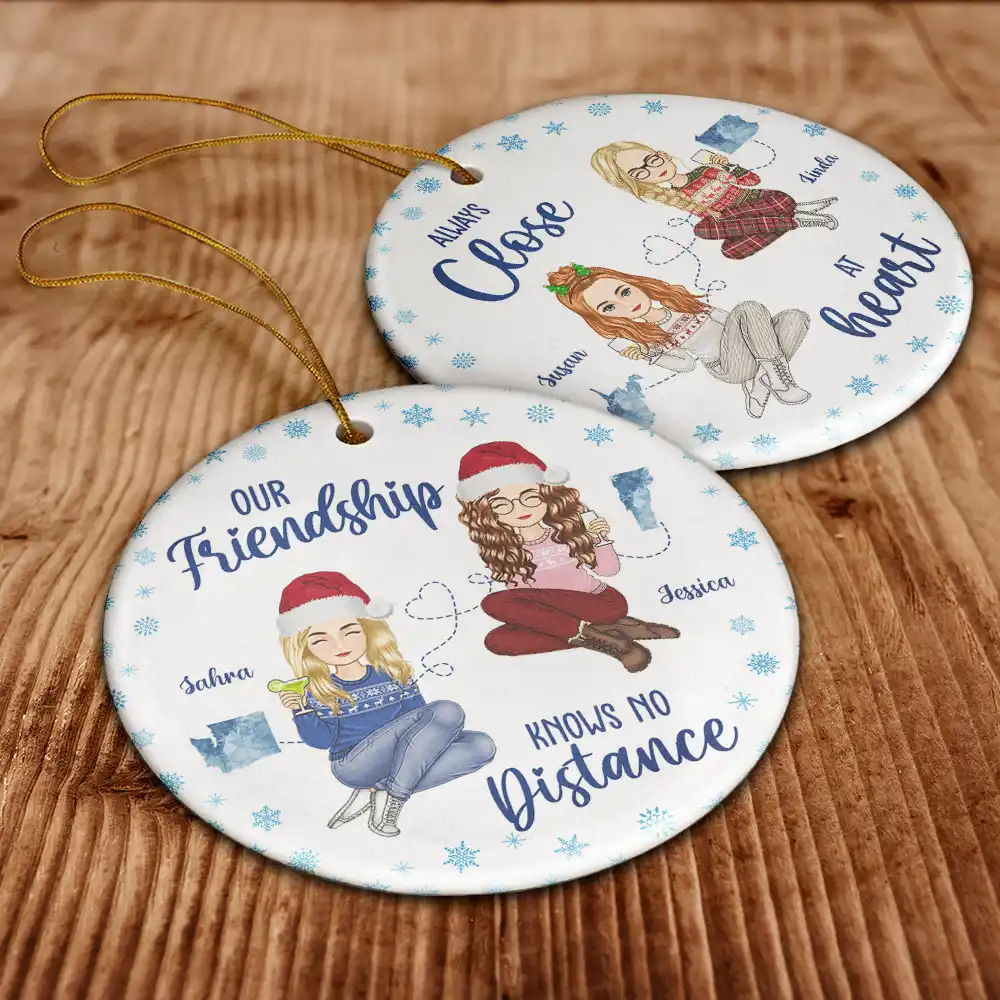 Miles Apart But Besties At Heart Long Distance - Personalized Circle Ceramic Ornament - Image 6