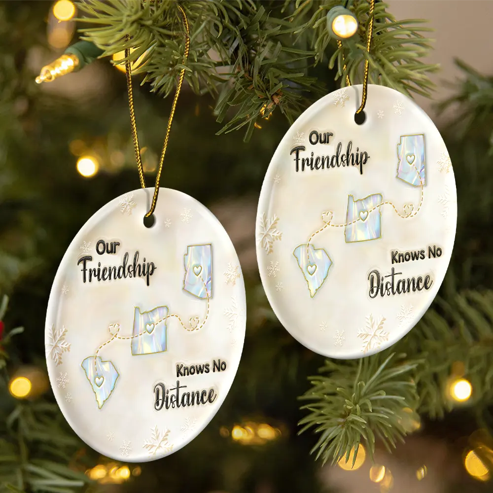 Miles Apart But Close At Heart 3D Inflated Effect - Personalized Circle Ceramic Ornament - Image 2