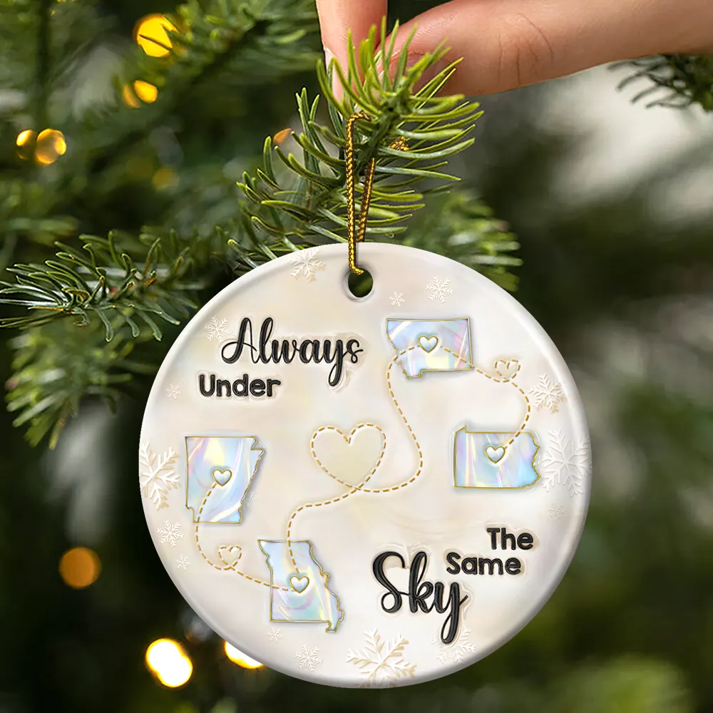 Miles Apart But Close At Heart 3D Inflated Effect - Personalized Circle Ceramic Ornament - Image 3
