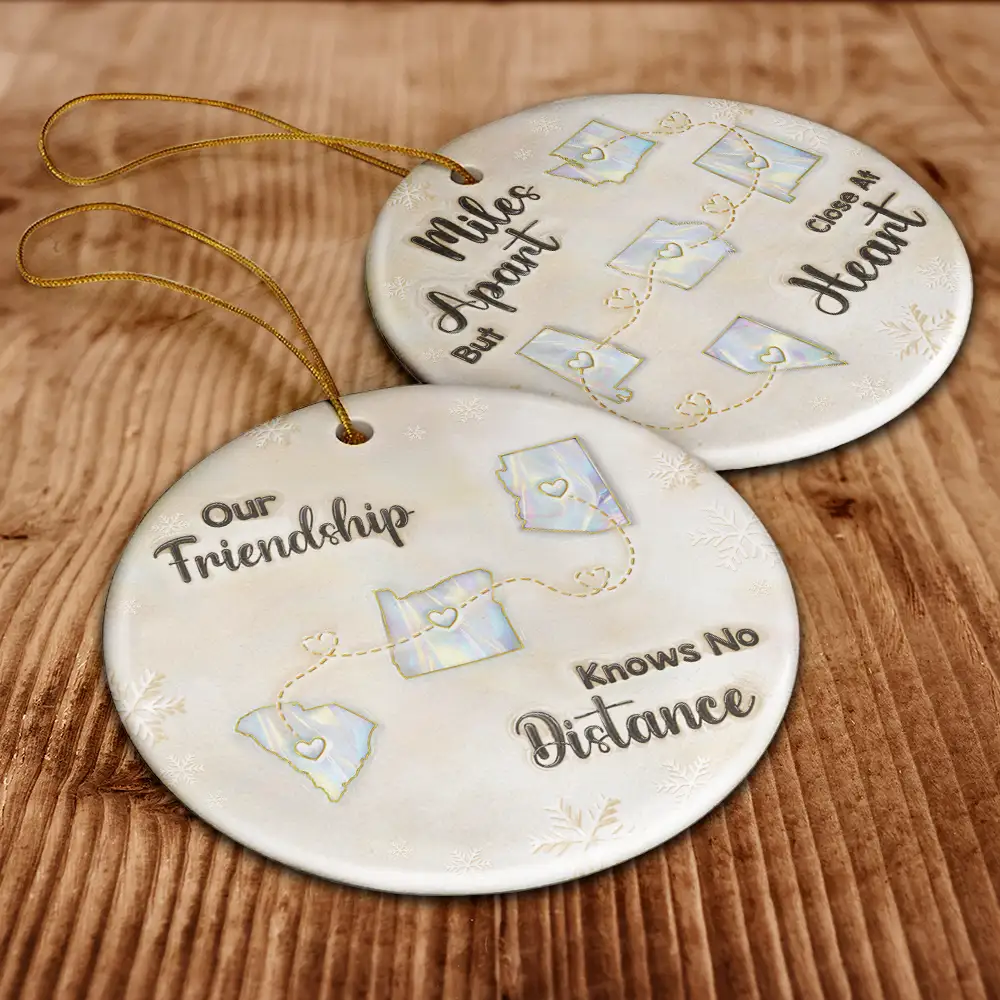 Miles Apart But Close At Heart 3D Inflated Effect - Personalized Circle Ceramic Ornament - Image 6
