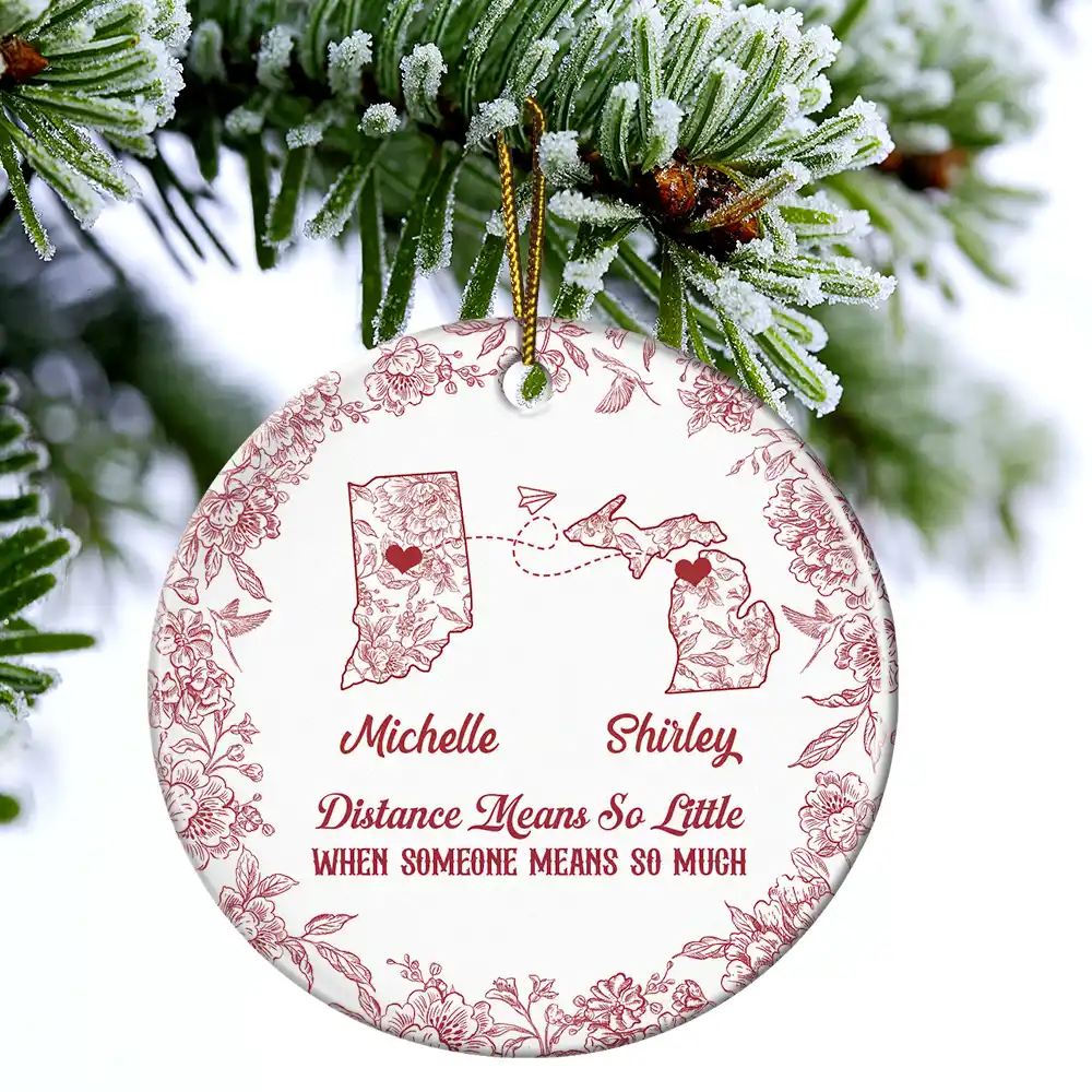 Miles Apart But Close At Heart Toile Pattern - Personalized Circle Ceramic Ornament - Image 4