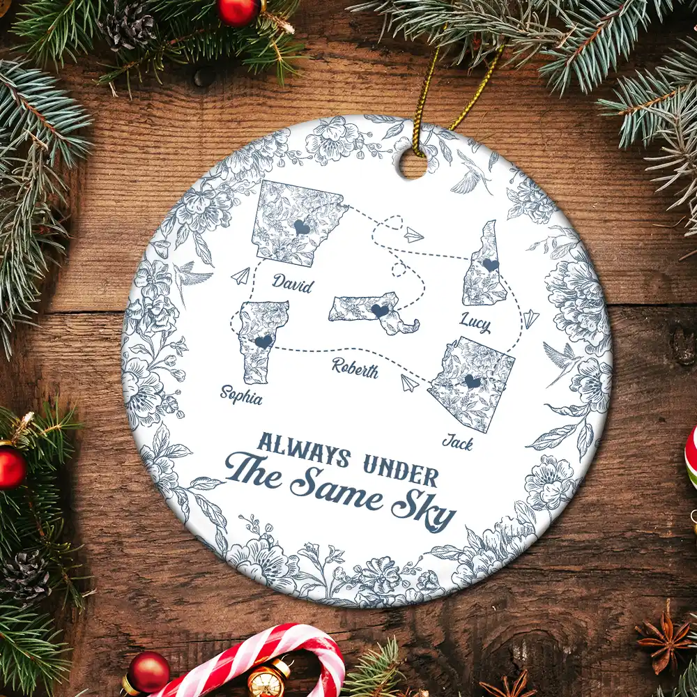 Miles Apart But Close At Heart Toile Pattern - Personalized Circle Ceramic Ornament - Image 5