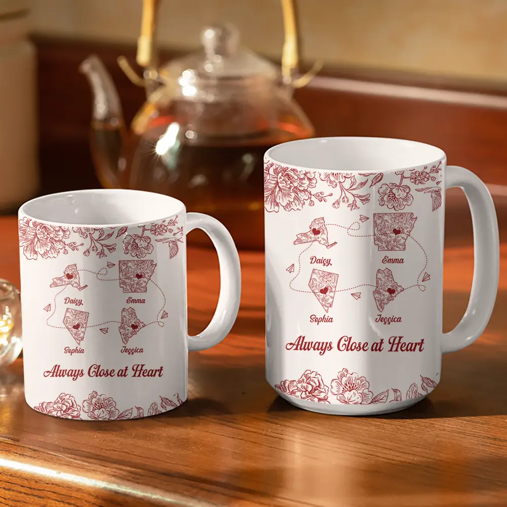 Miles Apart But Close At Heart Toile Pattern - Personalized White Edge-to-Edge Mug - Image 3