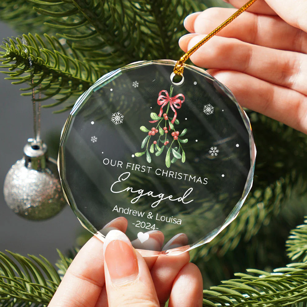 Mistletoe Our First Christmas Engaged - Personalized Circle Glass Ornament - Image 2