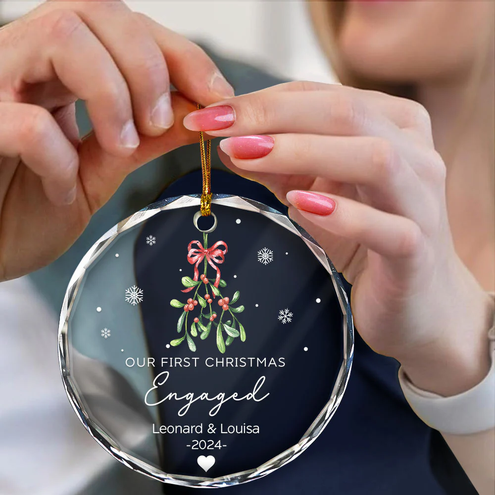Mistletoe Our First Christmas Engaged - Personalized Circle Glass Ornament - Image 4