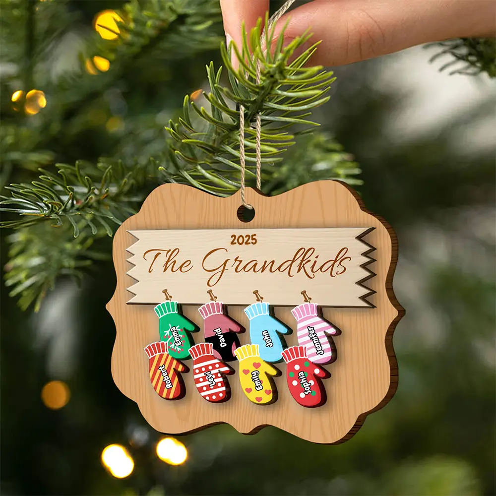 Mittens With Grandkids Names - Christmas Gift For Grandparent - Personalized 2-Layered Wooden Ornament - Image 2