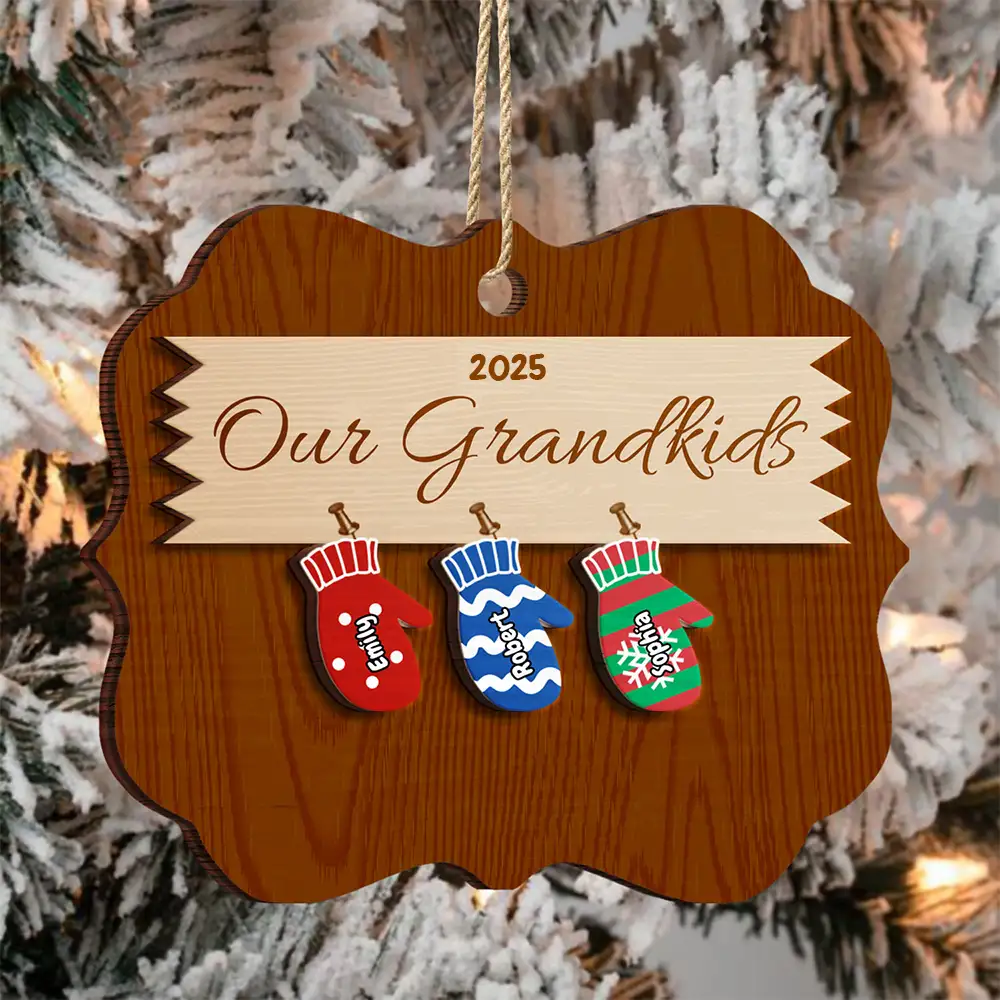Mittens With Grandkids Names - Christmas Gift For Grandparent - Personalized 2-Layered Wooden Ornament - Image 3